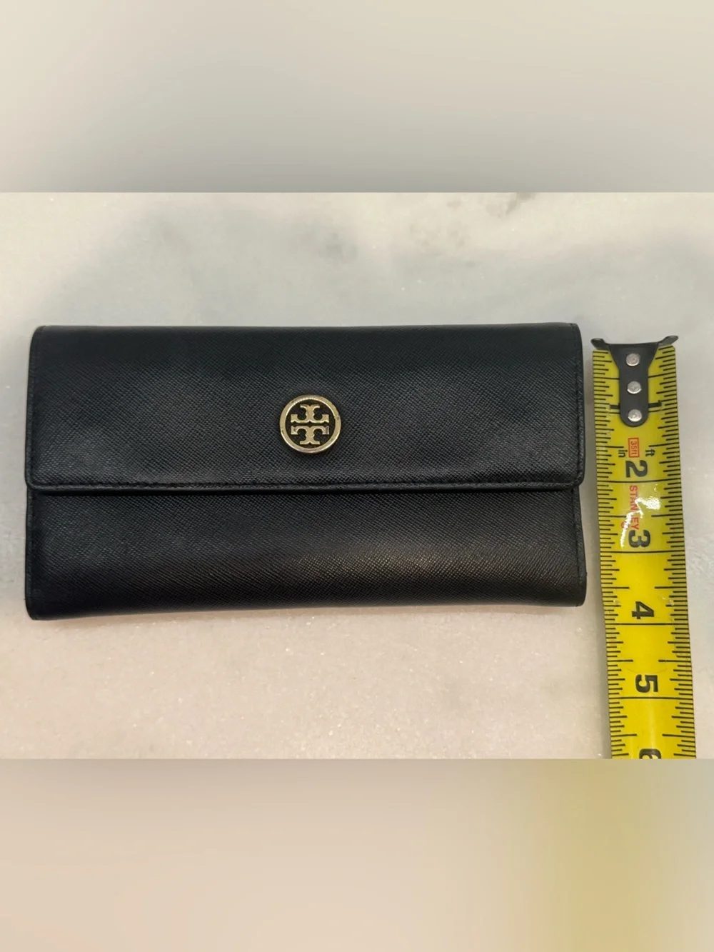 Tory Burch Black Leather Logo Flap Wallet with Gold Emblem